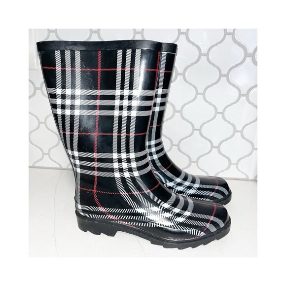 Aqua Stop Womens Pre-owned Waterproof Black/White/Red Plaid Rain Boots - sz. 8M - Picture 1 of 7